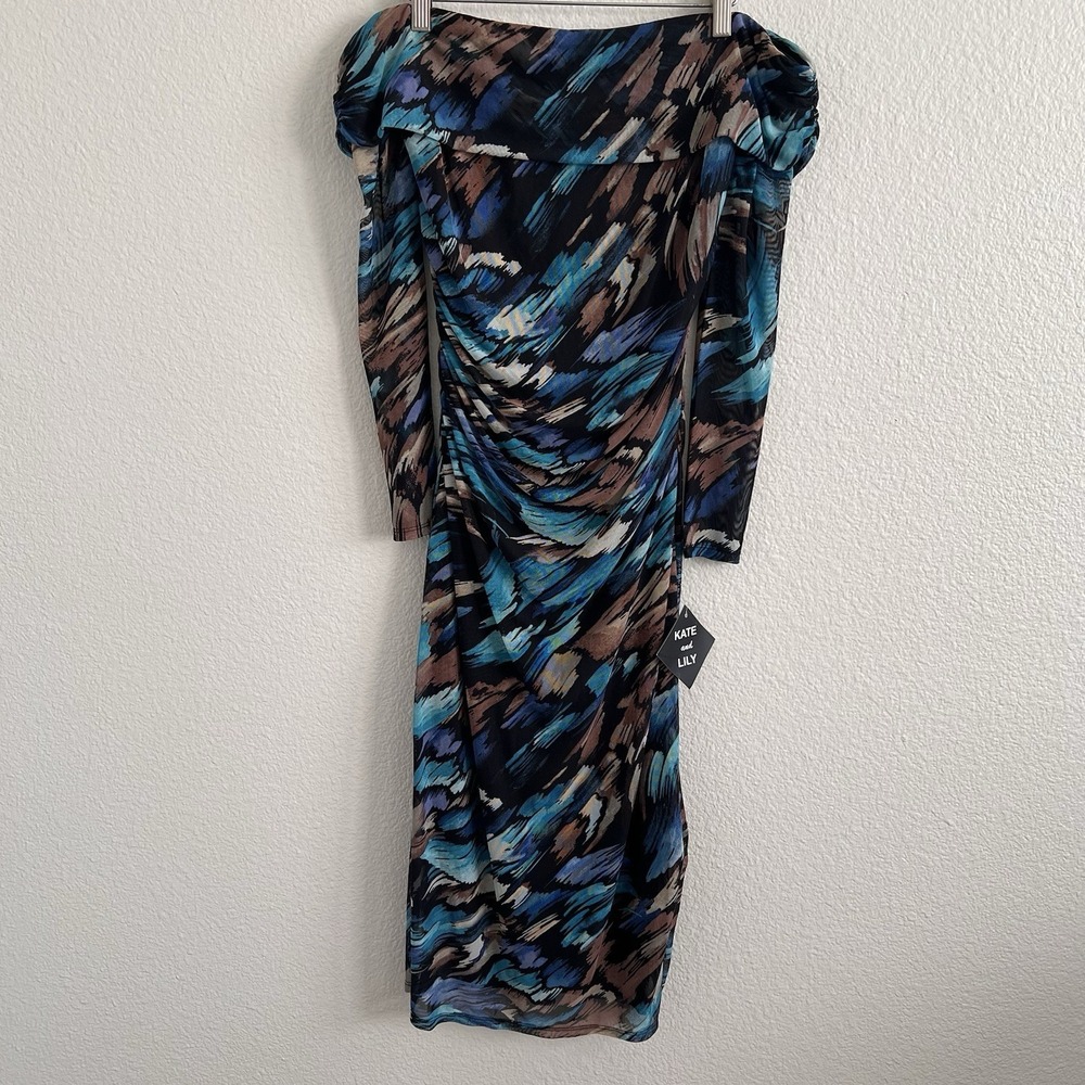 Kate & Lily Sz 6 Midi Dress Blue Stretch Ruched Mesh Off Shoulder Bodycon